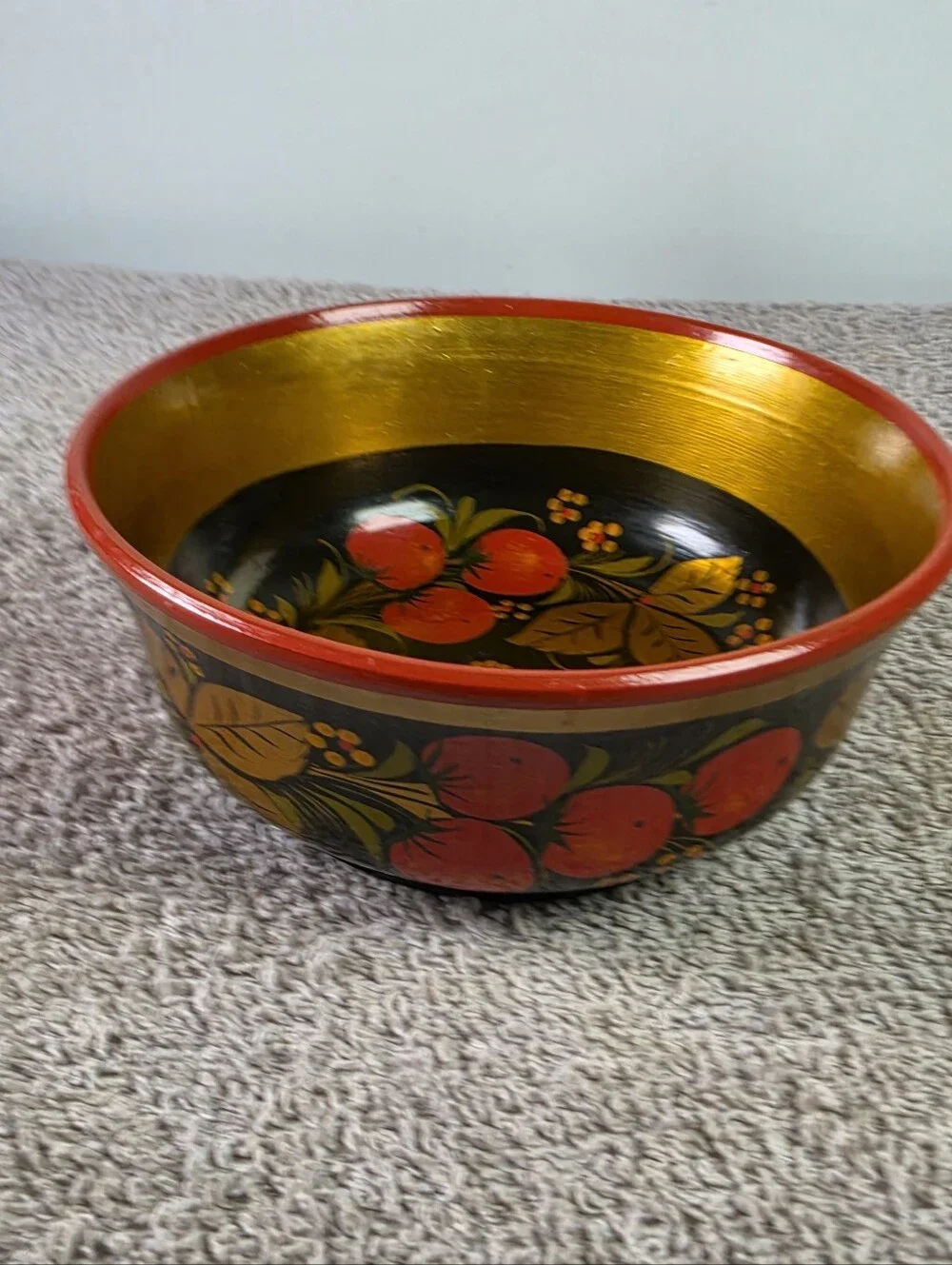 Vintage Russian Khokhloma Hand - Painted Lacquered Wood Bowl